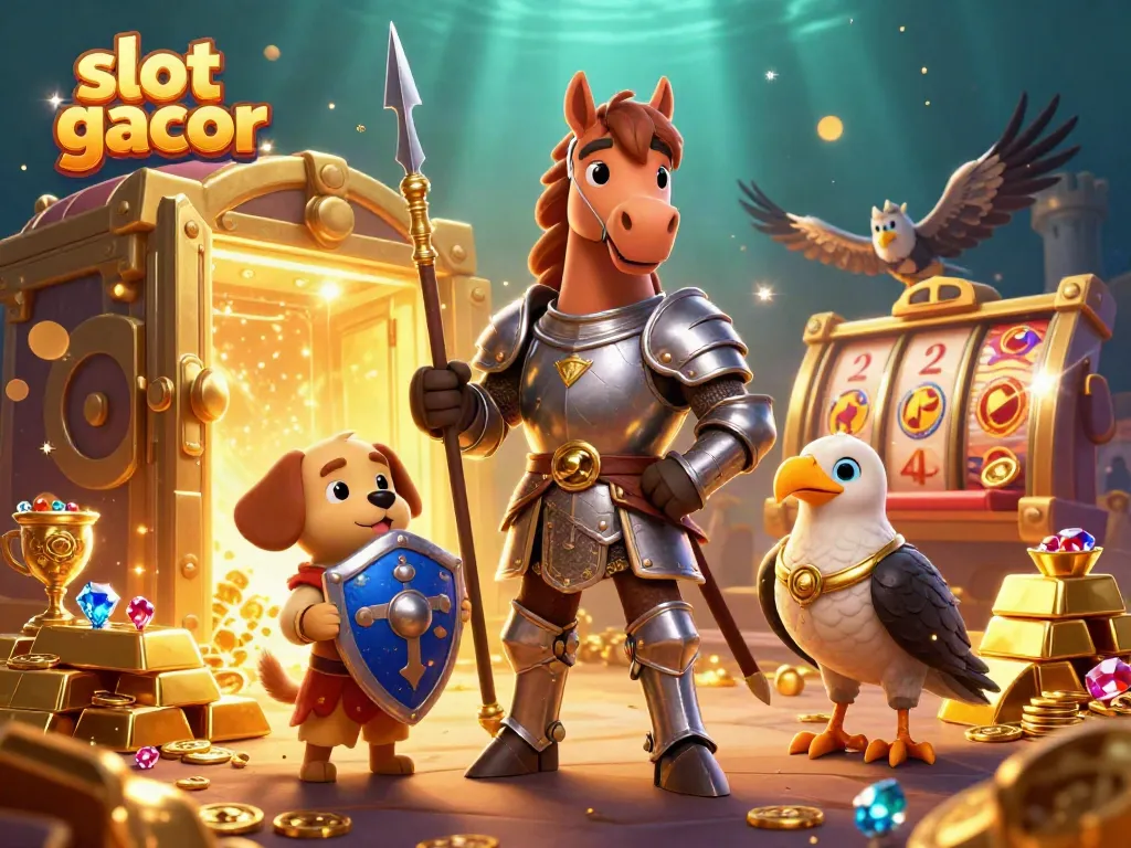 Engage in thrilling slot gacor moments with an epic knight, puppy, and falcon in a treasure-filled casino