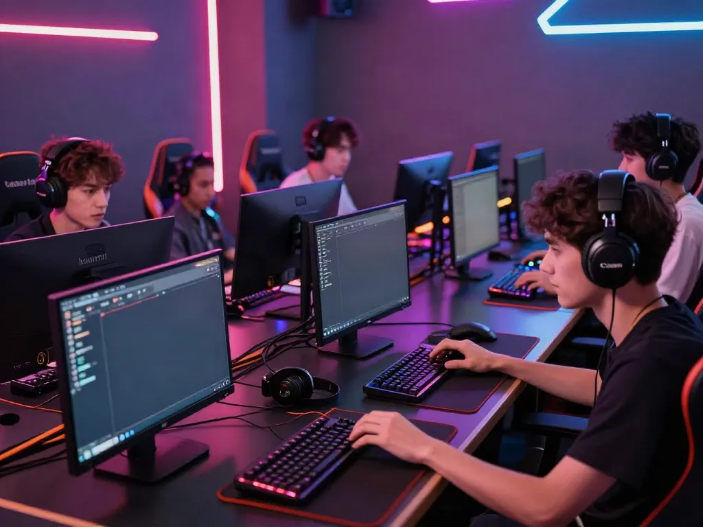Competitive players immersed in a vibrant gaming lounge showcasing luxury111 interface and modern gaming setup.