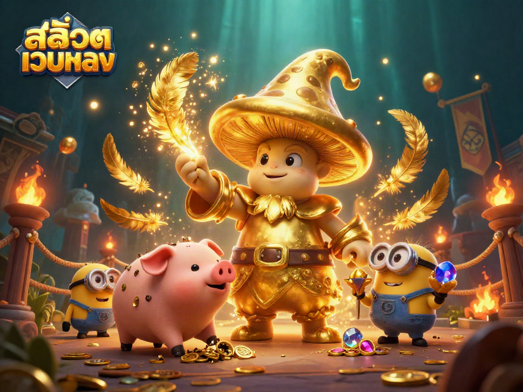 Spin to win with สล็อตเว็บตรง as a golden mushroom wizard and treasures illuminate the scene.