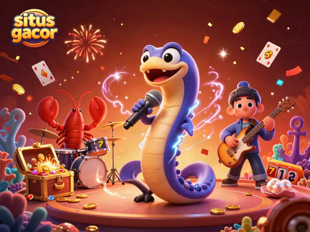 Experience the excitement of situs gacor with a dynamic underwater casino scene featuring a DJ electric eel, lobster drummer, and seahorse guitarist.