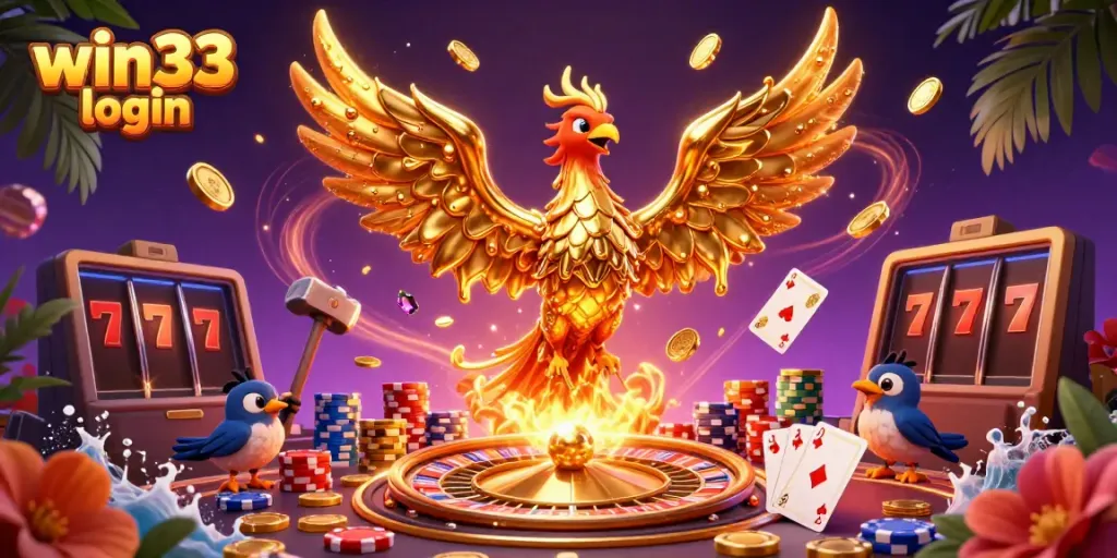 Win33 login illustration with a golden phoenix and vibrant casino elements, showcasing exciting gaming action.