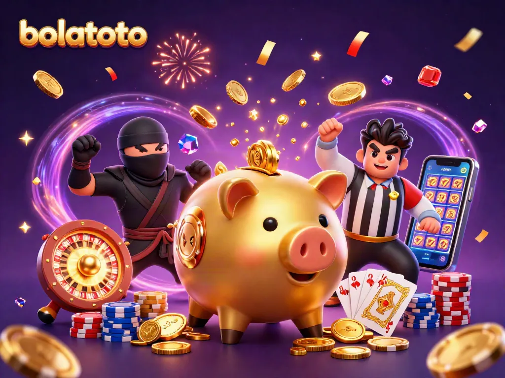 Experience the excitement of bolatoto with a dynamic scene featuring a piggy bank sumo wrestler and thrilling casino elements.