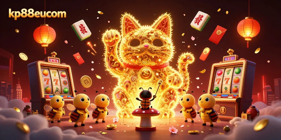 Engage with kp88eucom's vibrant world as golden fireflies form a lucky cat amidst thrilling casino symbols.