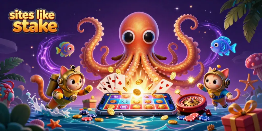 Engage with sites like stake in this vibrant 3D illustration showcasing casino games and thrilling characters.