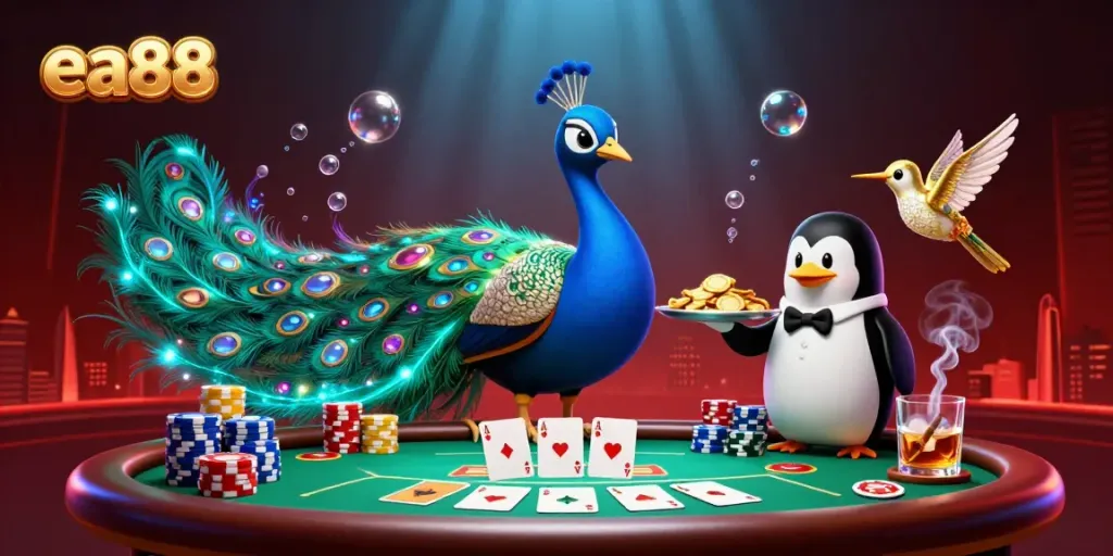 Chơi poker tại ea88 với hình ảnh pháo đài châu báu, chim công và chim ruồi lấp lánh