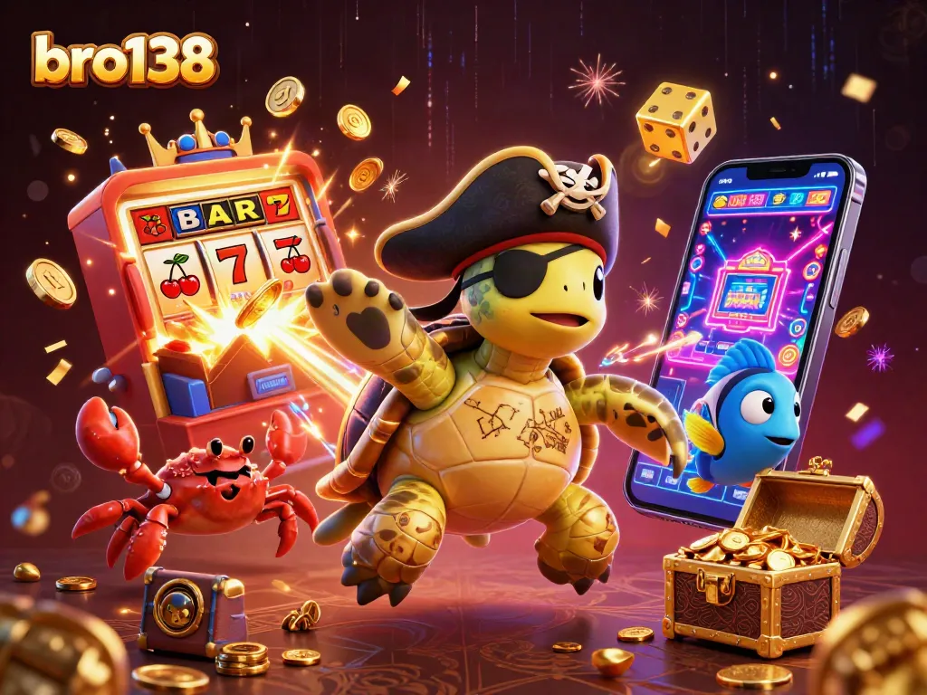 Spin to win with bro138's vibrant 3D gambling scene featuring dynamic characters and slot action.