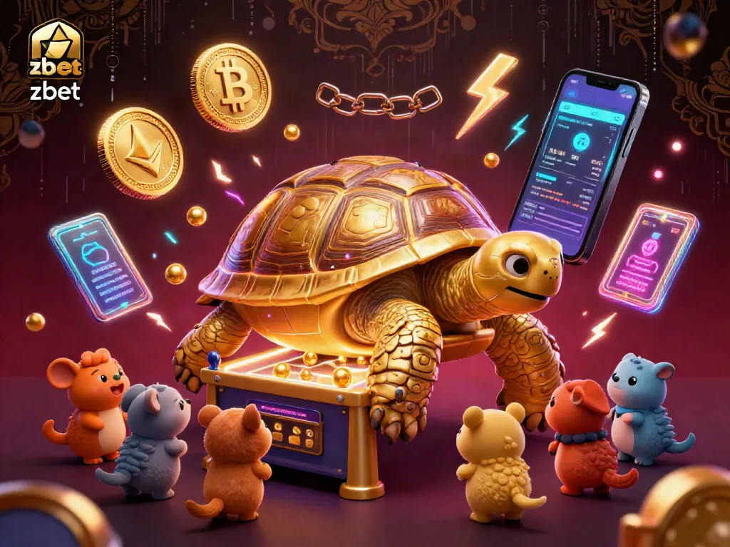 Engage with zbet's vibrant casino scene featuring a golden tortoise pinball and crypto elements.