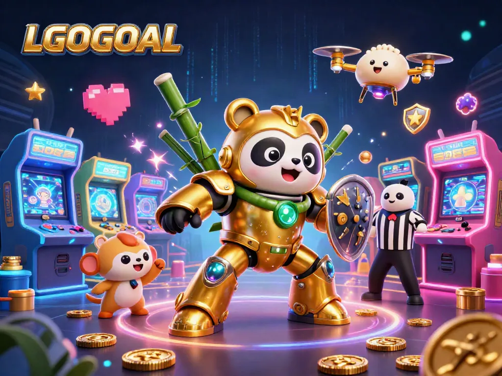 Experience LGOGOAL in action with a mech-panda in a vibrant gaming arena, blending entertainment and classic casino vibes.