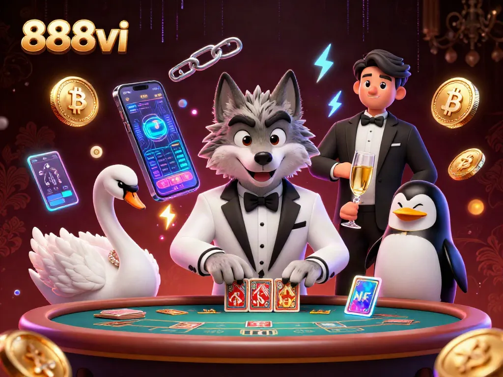 Engage with 888vi as our elegant swan dealer presents cards, showcasing excitement in a dazzling casino environment.
