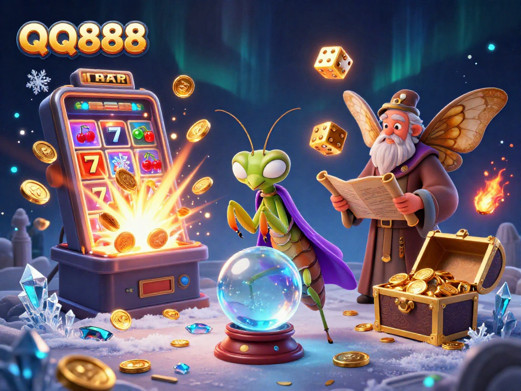Experience the excitement of QQ888 casino with a dynamic scene featuring fortune tellers and jackpot bursts.