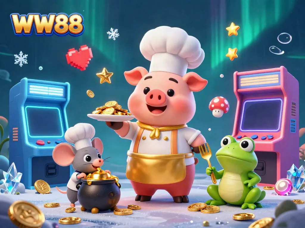 WW88 lively casino scene featuring a chef pig, a sous-chef mouse, and a critic frog surrounded by coins and arcade games.