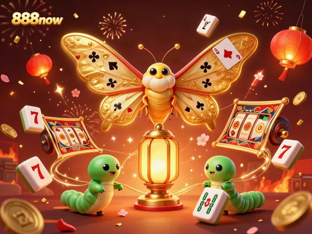Experience thrilling jackpots at 888now with a vibrant casino scene featuring dynamic moths, slot reels, and sparkling confetti.