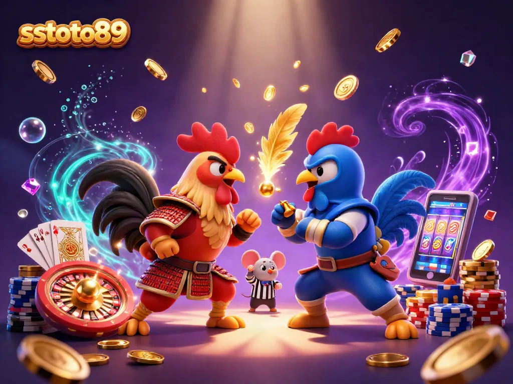 sstoto89 menampilkan duel ayam tempur di arena judi, dengan koin emas dan efek mengkilap.