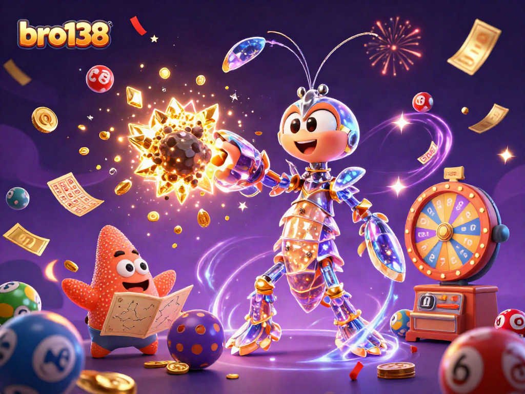 Join the bro138 adventure with a vibrant lottery scene featuring energetic characters amidst a shower of prizes.