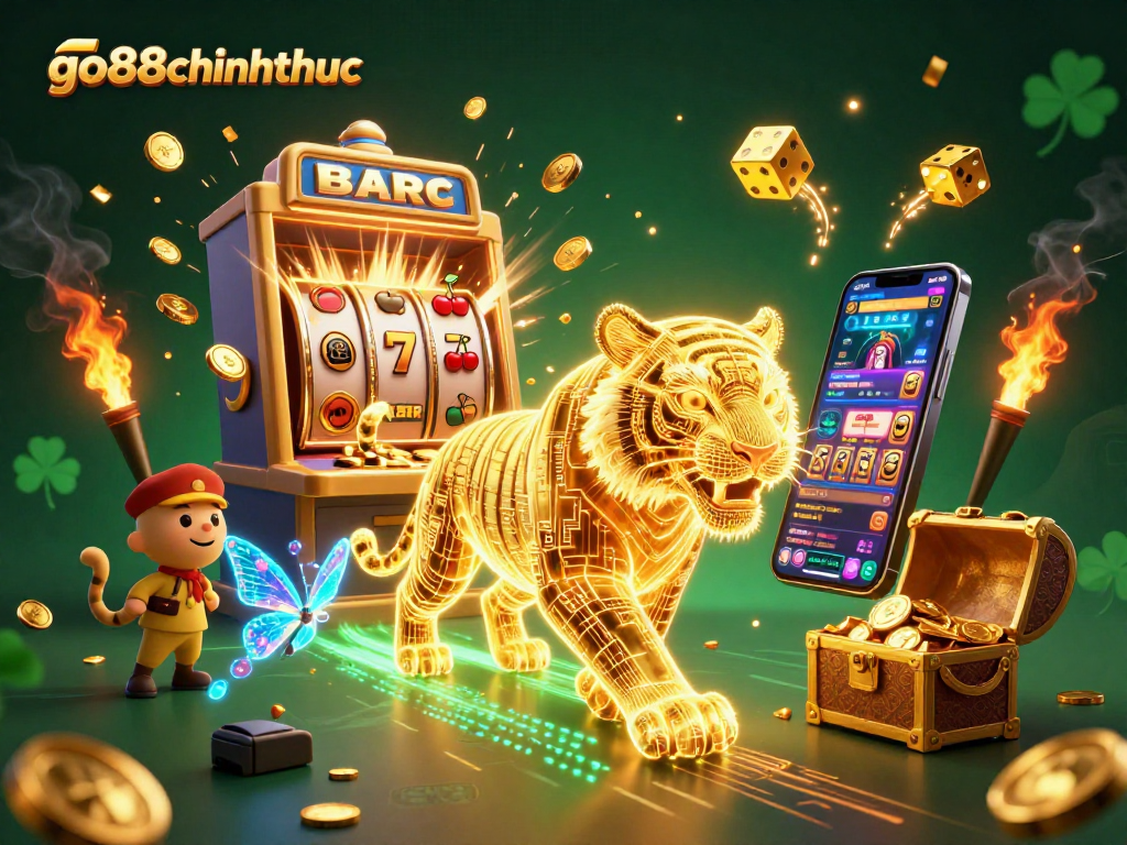 Experience thrilling gameplay at go88chinhthuc with vibrant casino elements and a dynamic golden tiger illustration.