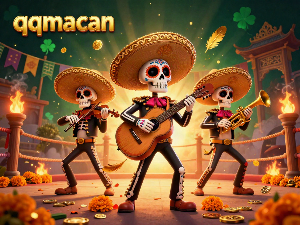 Experience the thrilling action of qqmacan through a vivid 3D mariachi ensemble amidst a rich casino backdrop.