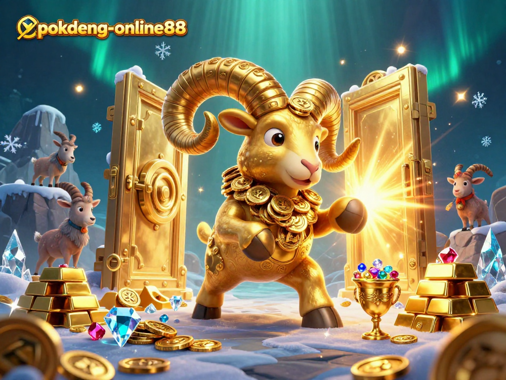 Experience the thrill of winning with pokdeng-online88's dynamic casino scene featuring golden treasure and a majestic ram.