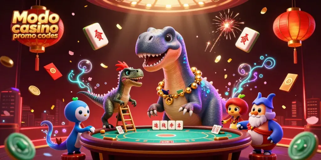 Play with modo casino promo codes for thrilling gameplay, featuring a vibrant casino scene with cartoon characters.