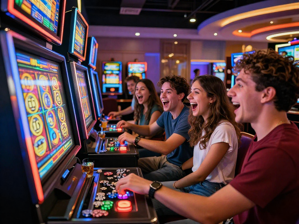 Permainan slot7000 di kasino dengan teman-teman bersenang-senang, suasana ceria dan menyenangkan.