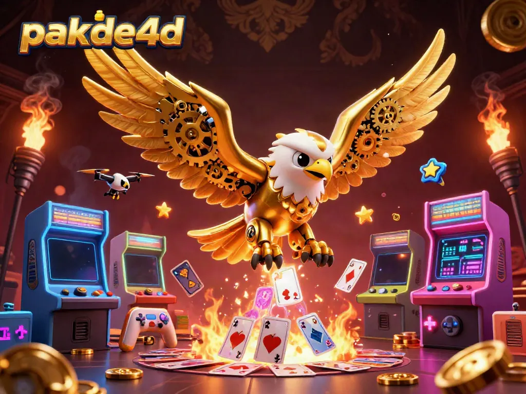 Experience the thrill of winning with pakde4d as a golden eagle dives through holographic cards in a vibrant casino.
