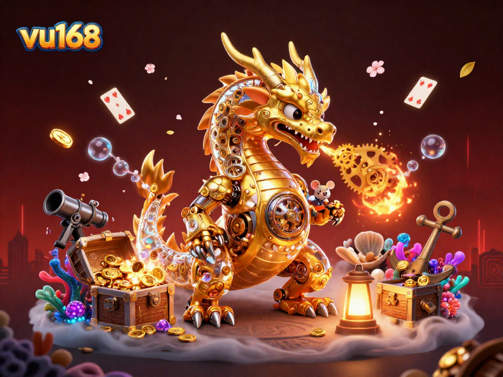 Engage with the thrilling experience of vu168 as a golden dragon soars amidst treasure and vibrant casino elements.
