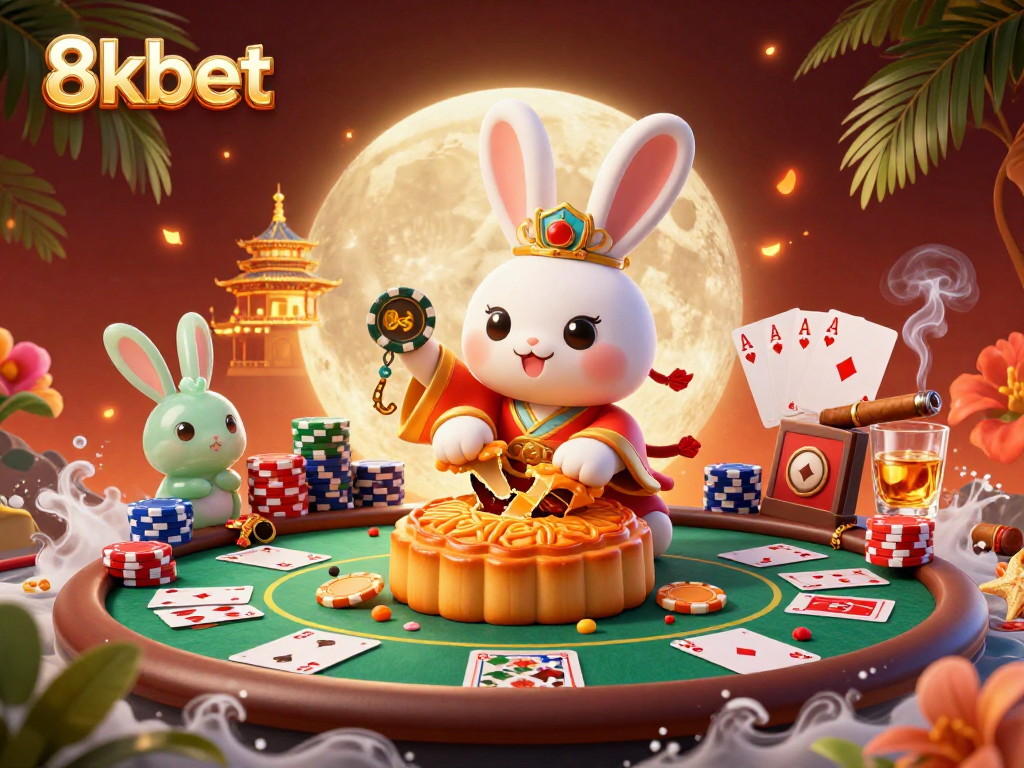 Engage in thrilling action with 8kbet as a moon rabbit reveals poker chips, showcasing the excitement of gambling.
