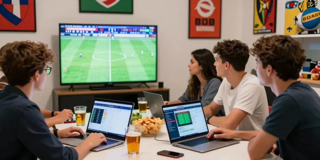 Friends engaging in parlay betting on WWBOLA during a football match.
