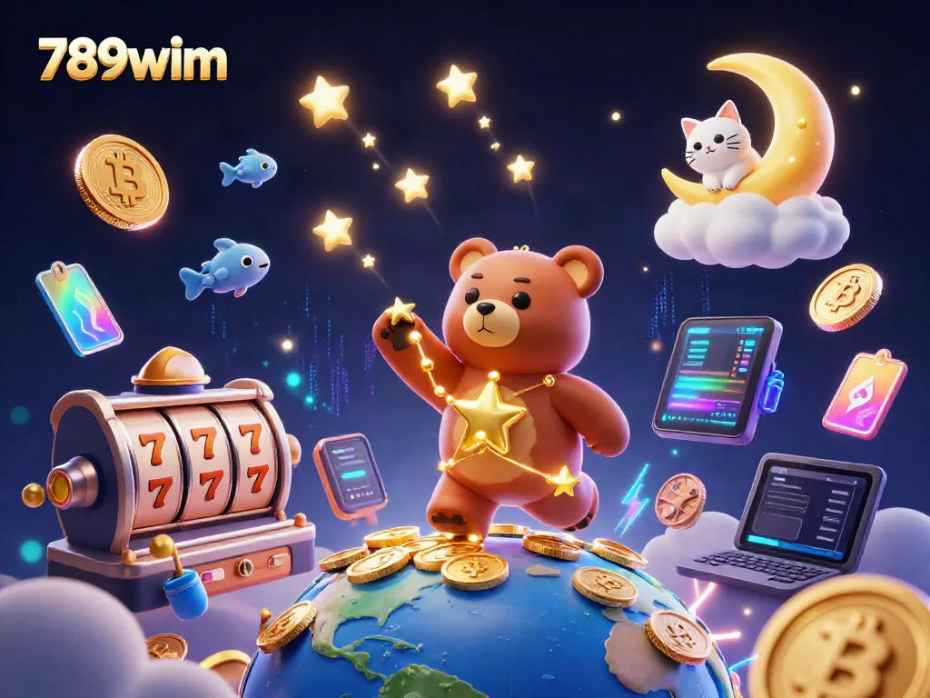 Experience thrilling online gambling with 789wim's vibrant casino illustration featuring dynamic 3D elements.