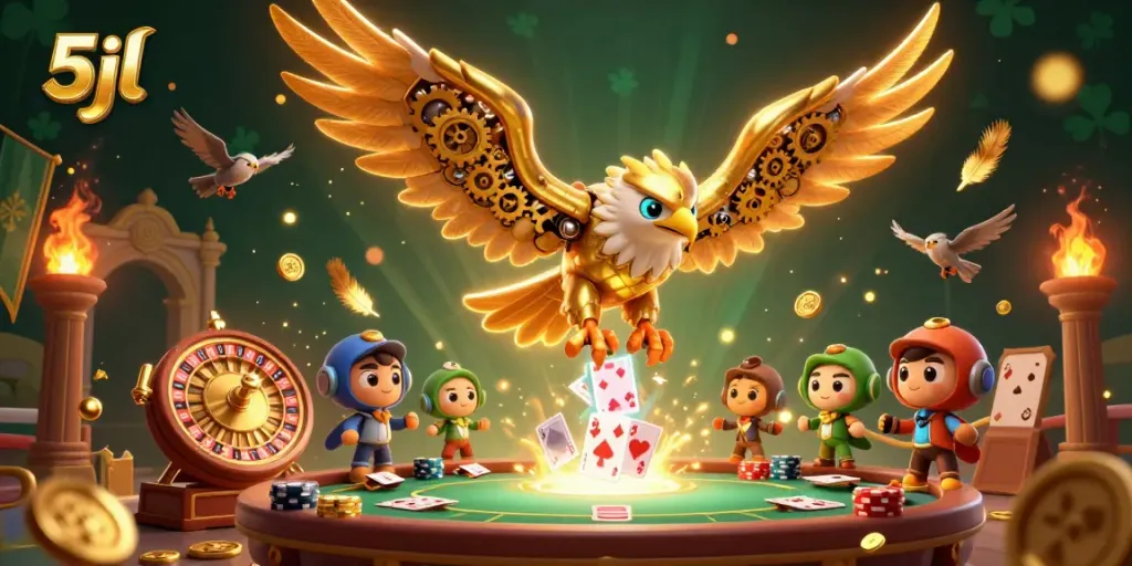 Experience the thrill of 5jl with a cybernetic eagle diving through vibrant playing cards amidst a casino scene.