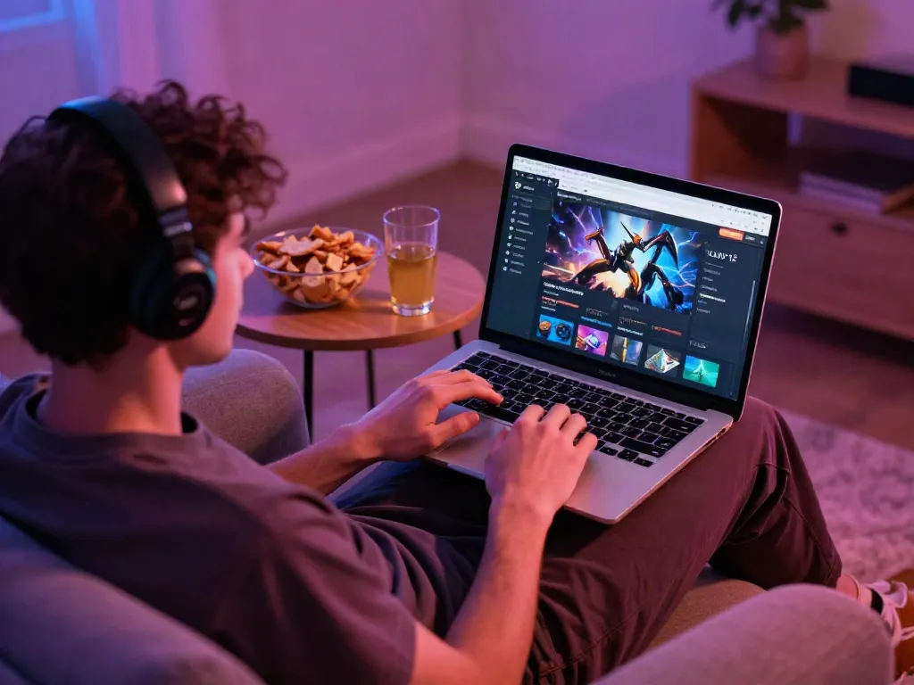 Engaging gaming experience on luxury12 platform with relaxed player and snacks.
