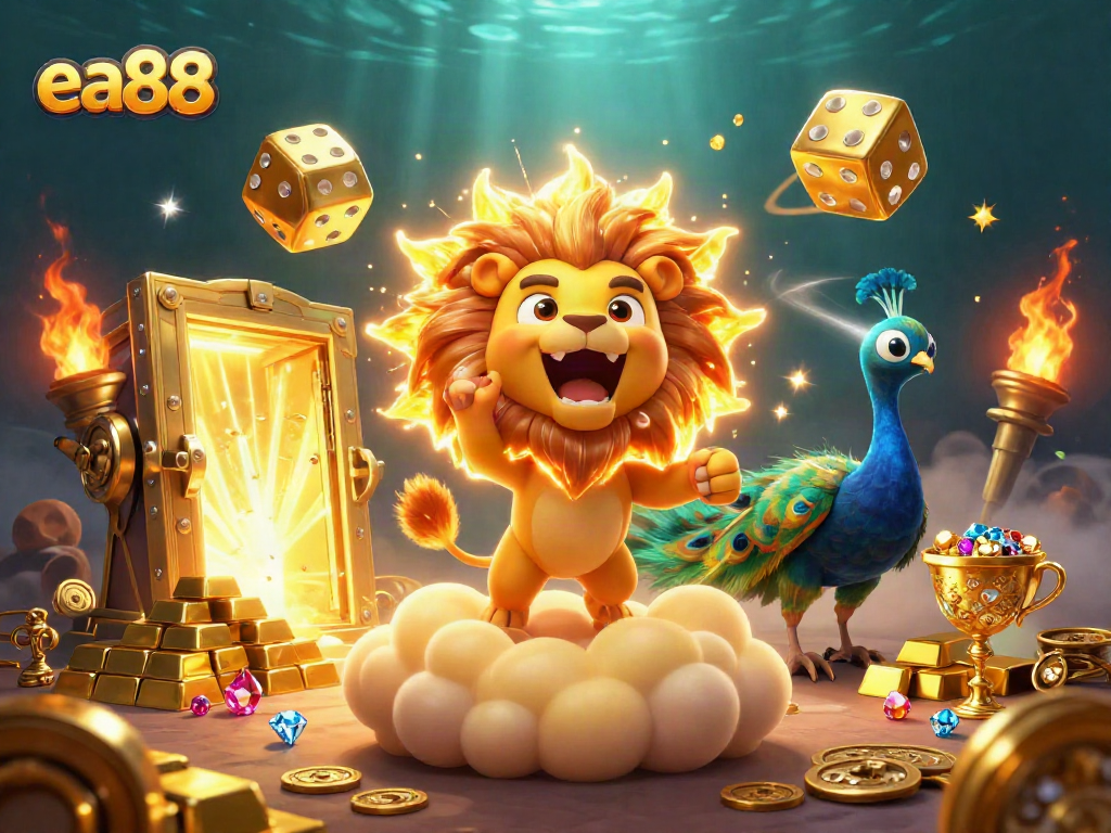 ea88 promotes exciting casino experiences with vibrant cartoon characters and rich golden treasures.