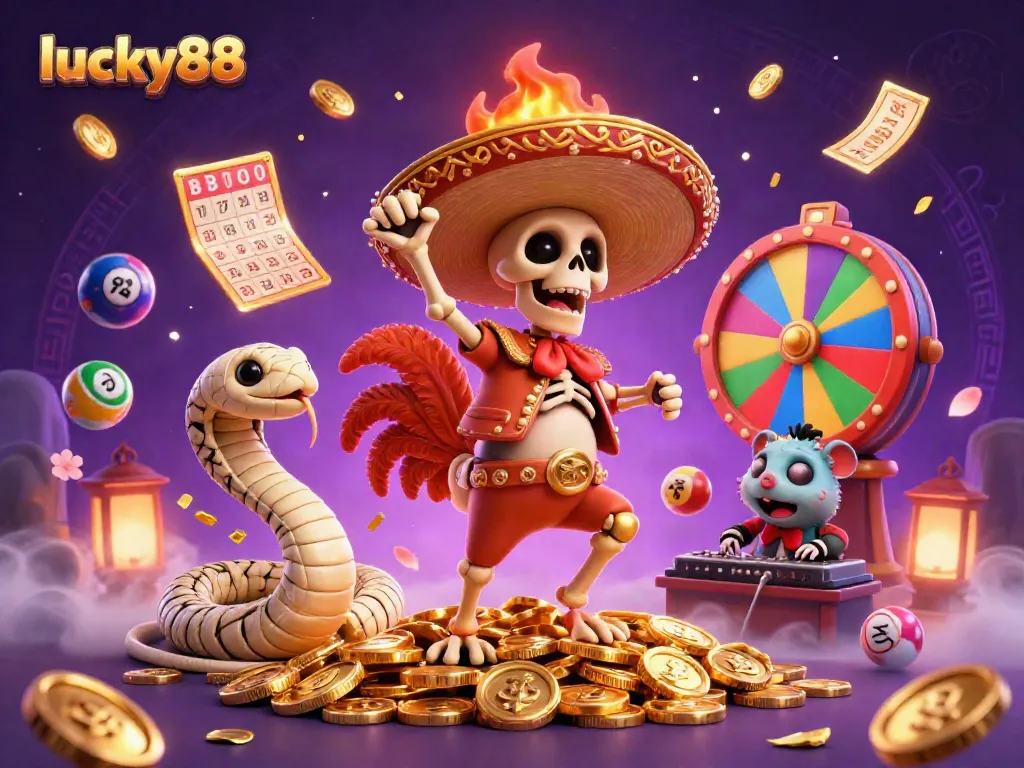 Experience the lucky88 excitement with a festive dance, coins, and vibrant gambling elements.