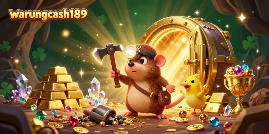Experience thrilling wins at warungcash189 in this vibrant 3D casino scene featuring a treasure-hunting mole.
