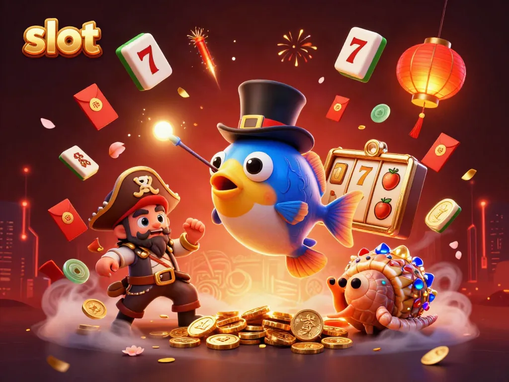 Catch exciting slot action with a glowing anglerfish, pirate shrimp, and gem snail amidst festive casino elements.