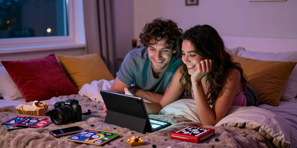 Couple immersed in playing sexgames together in an inviting bedroom atmosphere.