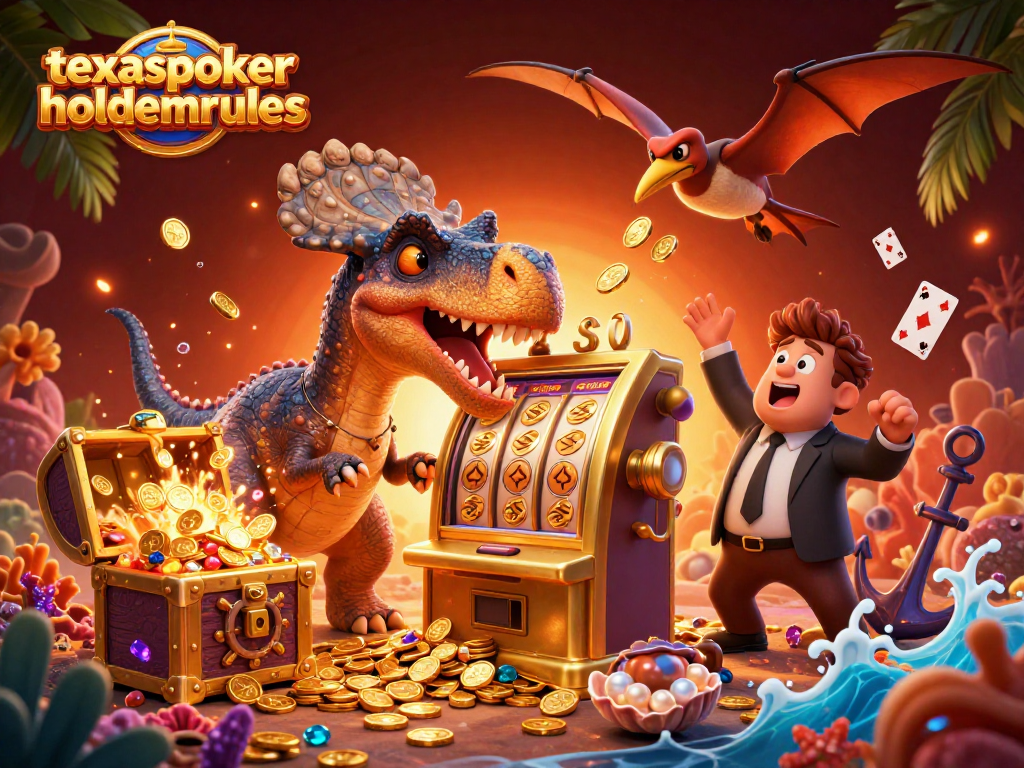 Experience texaspokerholdemrules with a dynamic 3D scene featuring engaging cartoon dinosaurs in a casino.