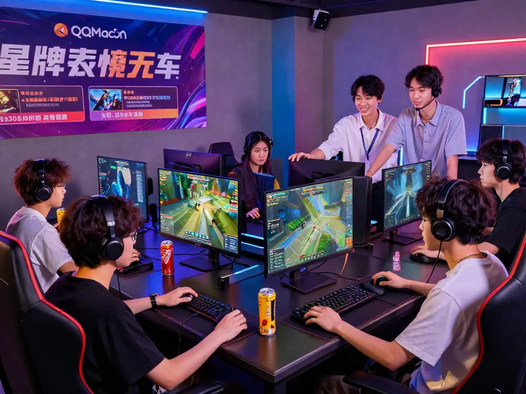 Exciting gaming environment showcasing QQMacan with players engaged in online games and a customer support representative.