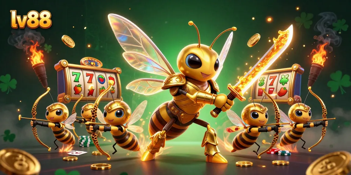 Engage in thrilling gaming action at lv88 with golden hornets, slot reels, and dynamic poker elements.