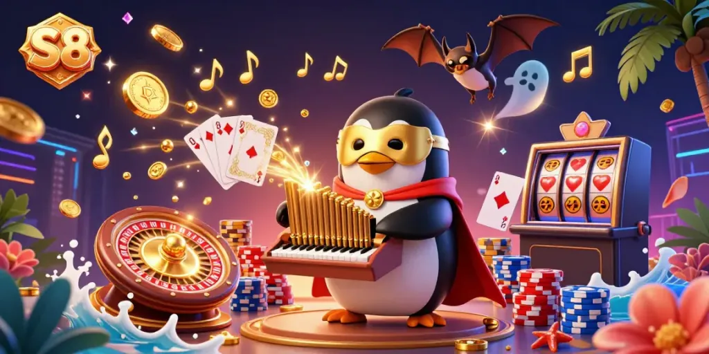 Engage with the thrilling world of S8 gambling featuring a whimsical scene of fortune, coins, and games.