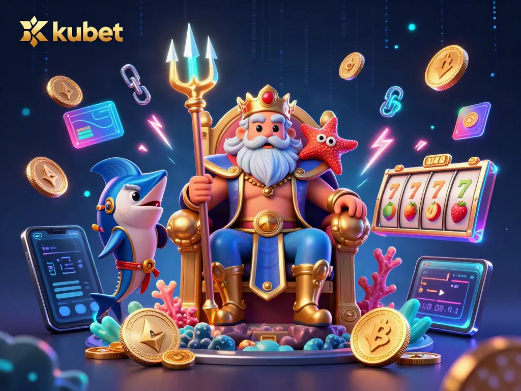 Engage with kubet featuring Neptune, slot reels, and crypto elements in a vibrant casino scene.