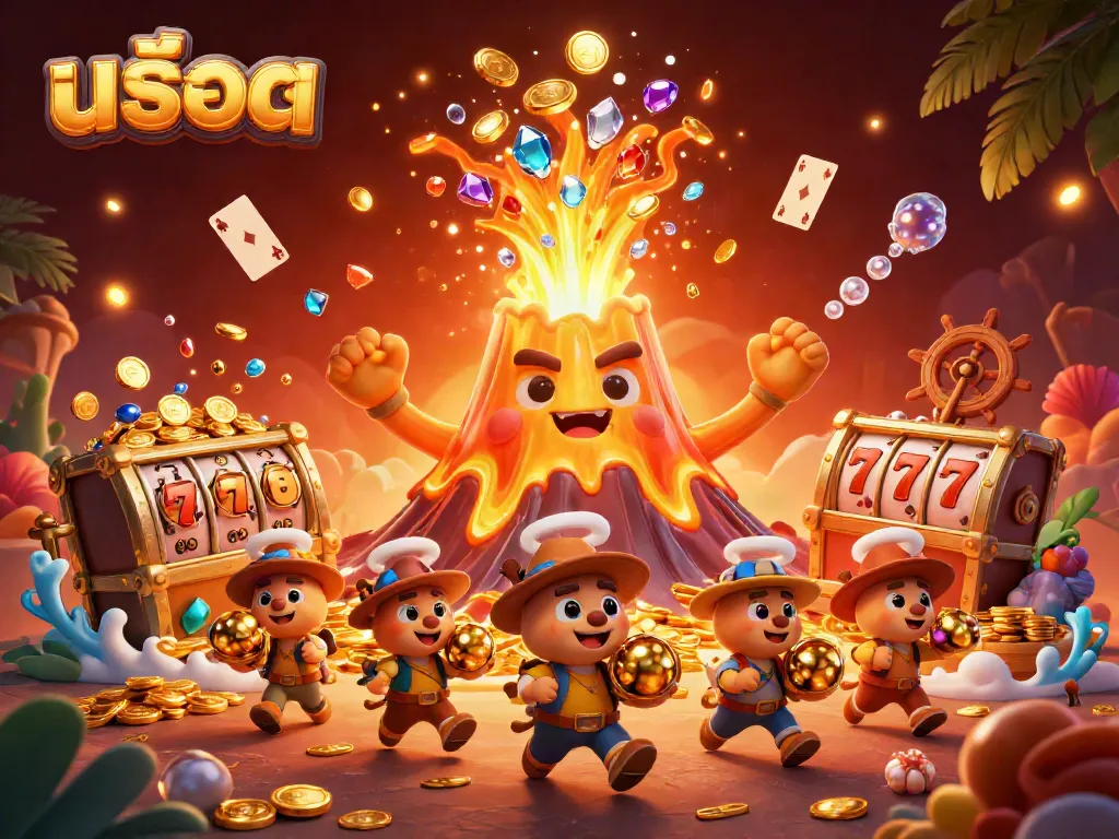 Experience the excitement of สล็อต with a dynamic volcano and flying treasures in this vibrant illustration.