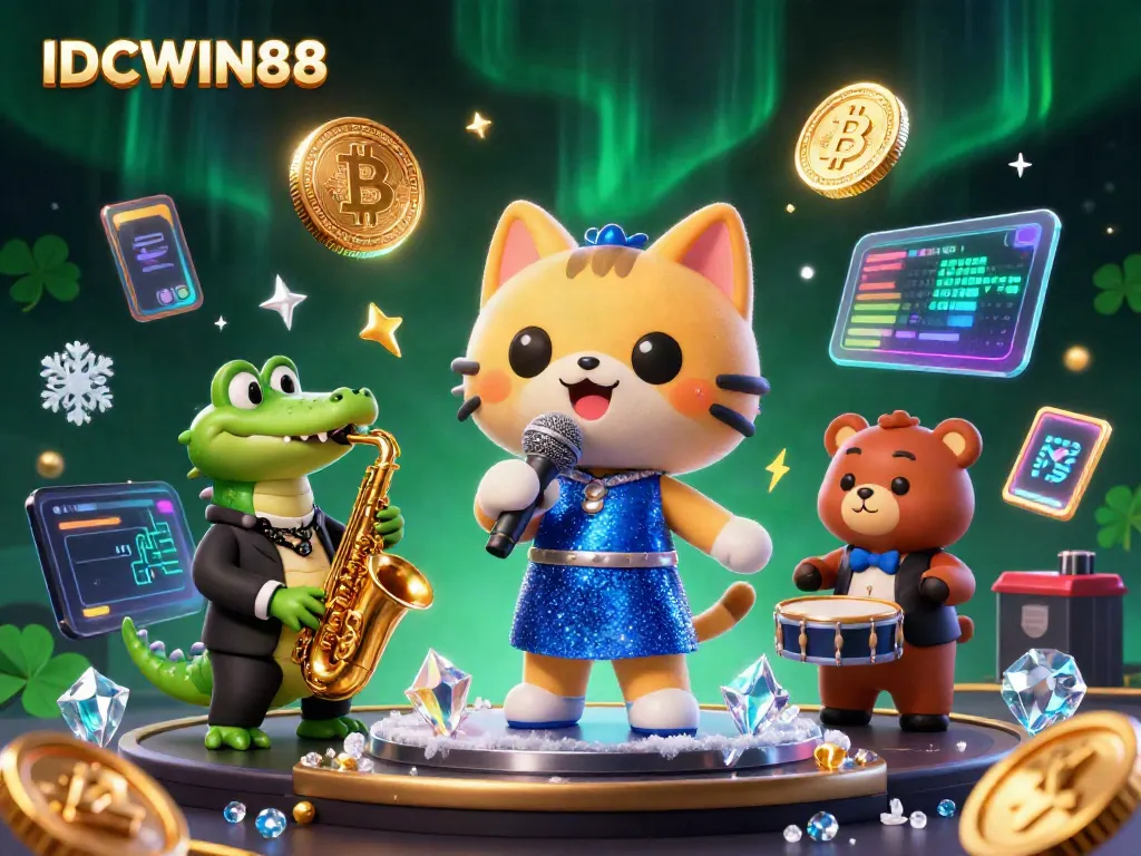 Experience the excitement of IDCWIN88 with a vibrant casino scene featuring cartoon characters and crypto elements.