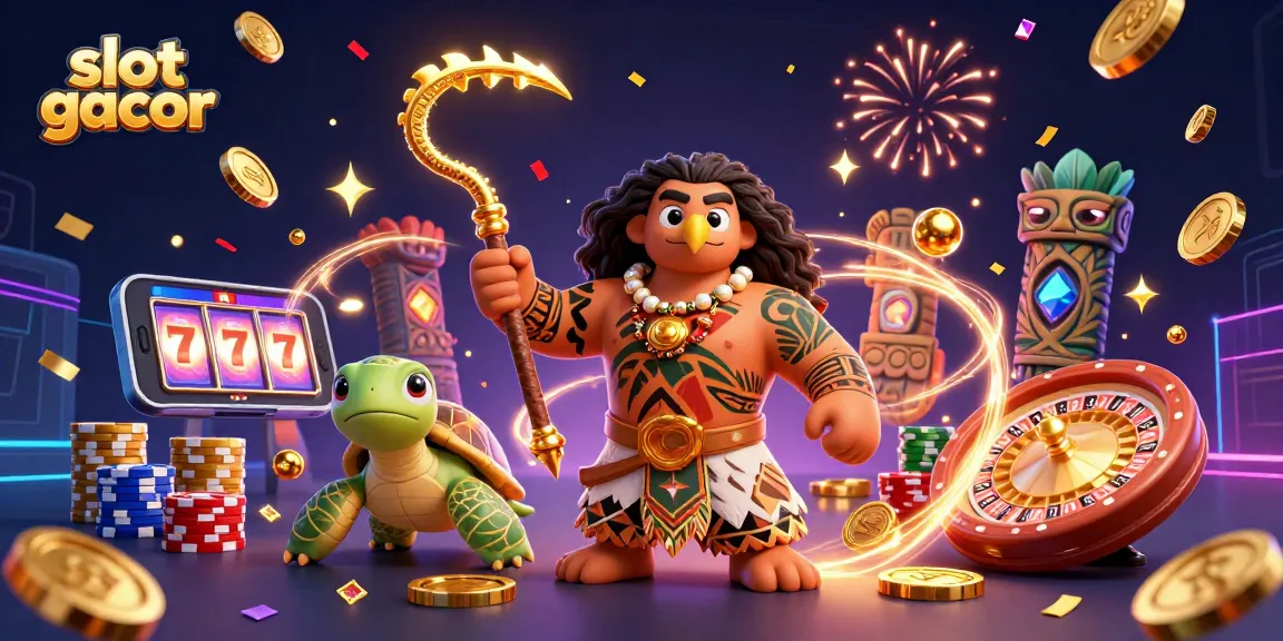 Engage with slot gacor delights through a vibrant, dynamic casino-themed illustration featuring exciting reels and lively characters.