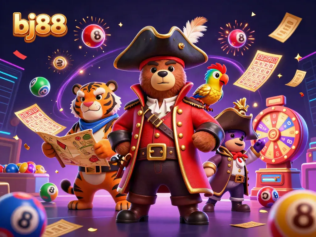 Experience thrilling games at bj88, featuring a cartoon pirate captain and treasures in a vibrant casino setting.