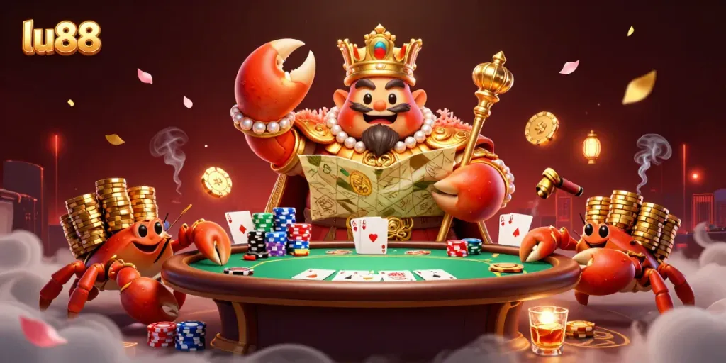Experience thrilling gaming at lu88 with a massive crab emperor overseeing poker and treasure.