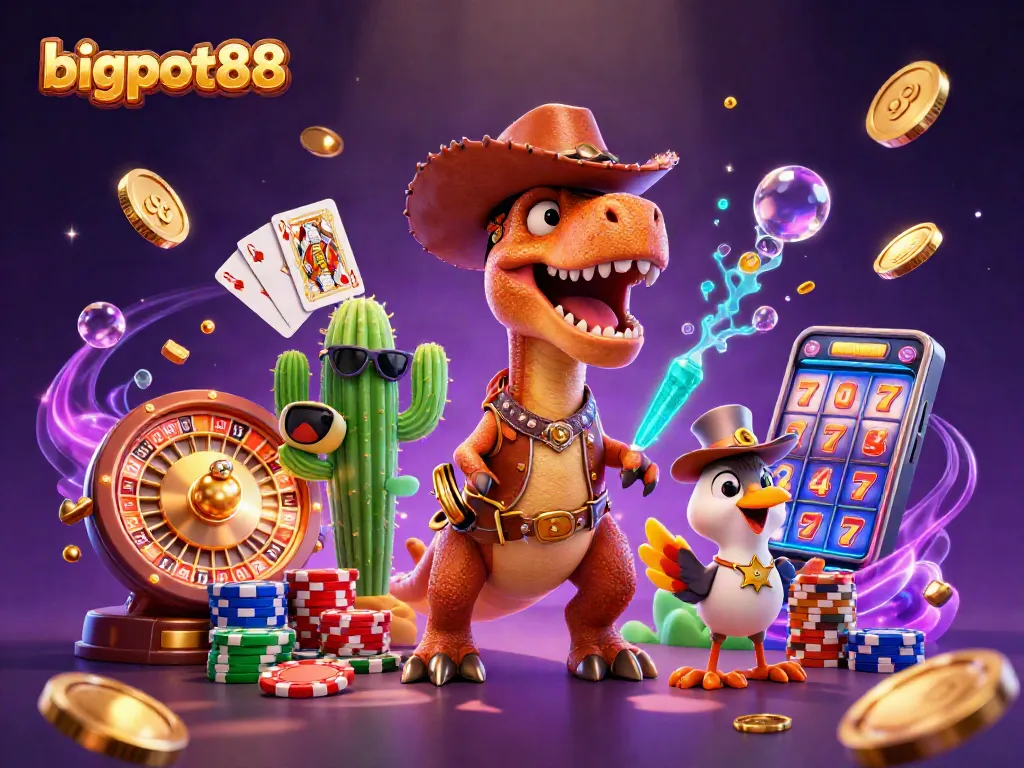 bigpot88 menghadirkan dinosaurus koboi bersiap memenangkan permainan kasino dengan emas dan perhiasan menari.