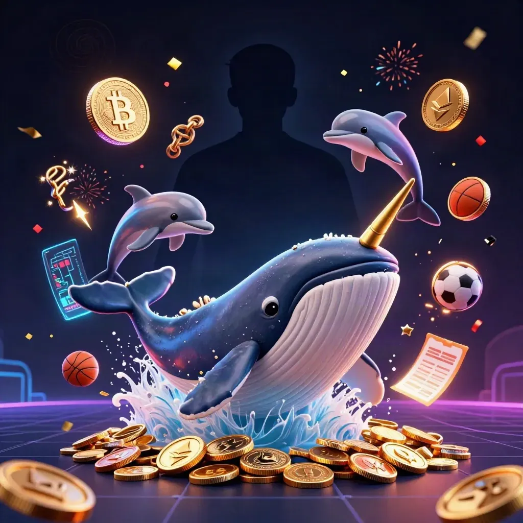Whale captain, narwhal and dolphins amid neon coins, lightning, and casino sports props.