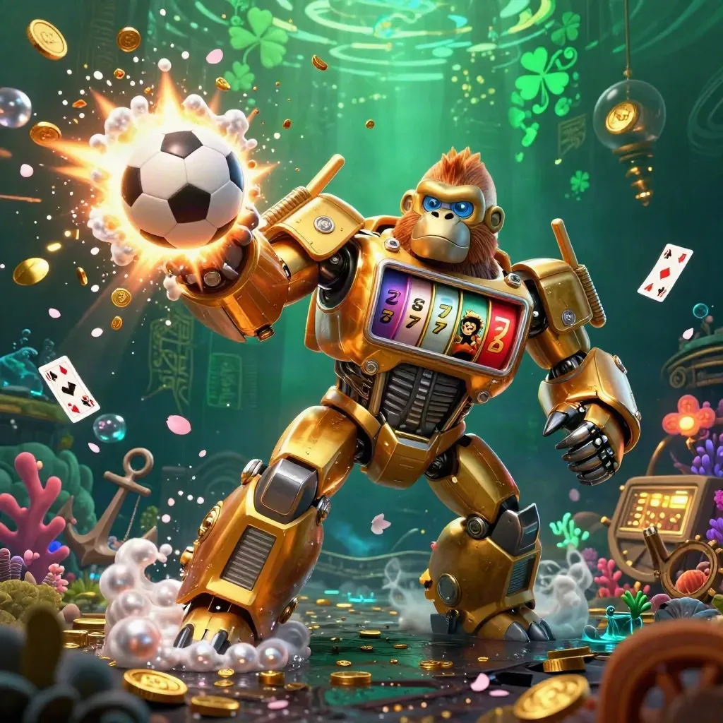 Golden gorilla mech and monkey pilot amid soccer, coins, coral, and casino glow.