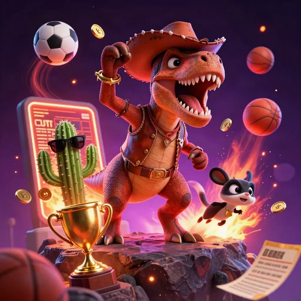 Cowboy T-Rex hero with cactus sidekick and roadrunner amid neon sports chaos.