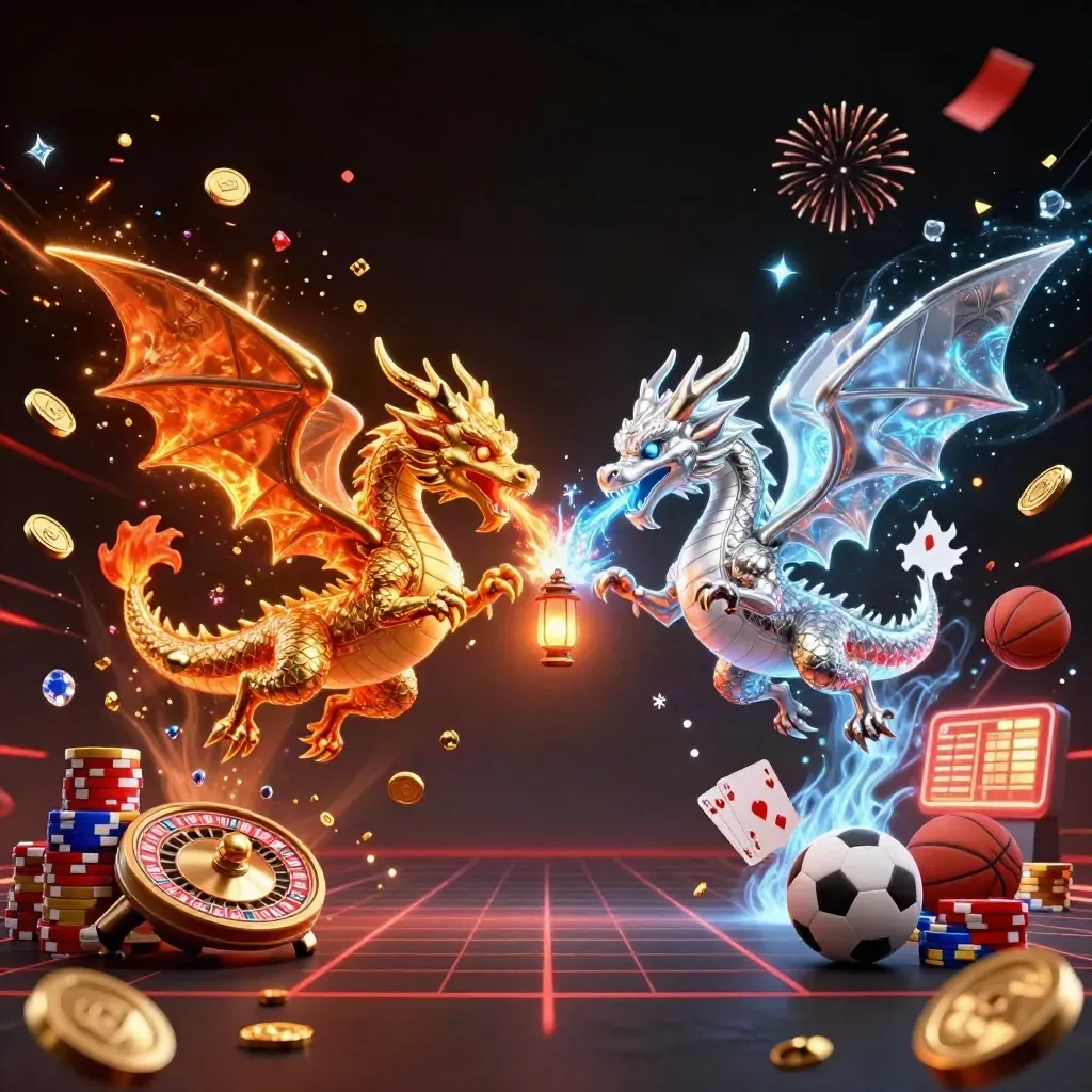 Gold and silver dragons clash in a neon casino fantasy with coins, chips, cards, and fireworks.